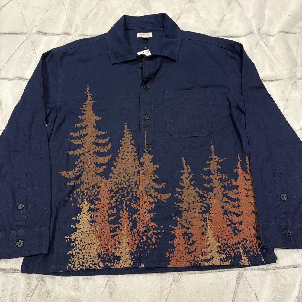 Vintage Sun & Stone Navy Cotton Button Down Shirt Tree Pattern NWT Large Fall - Picture 1 of 8
